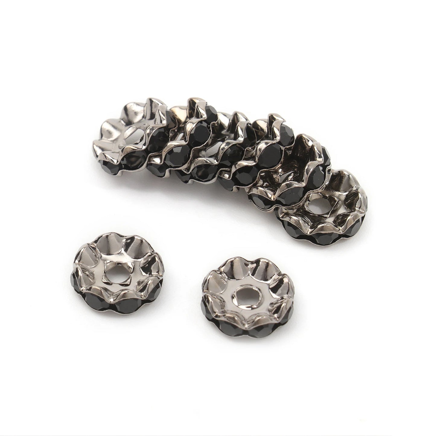 100pcs/Size 12/15mm Wave Side Rhinestone Spacer Beads Colorful Crystal Metal Rondelle for Jewelry Making Diy Crafts Accessories