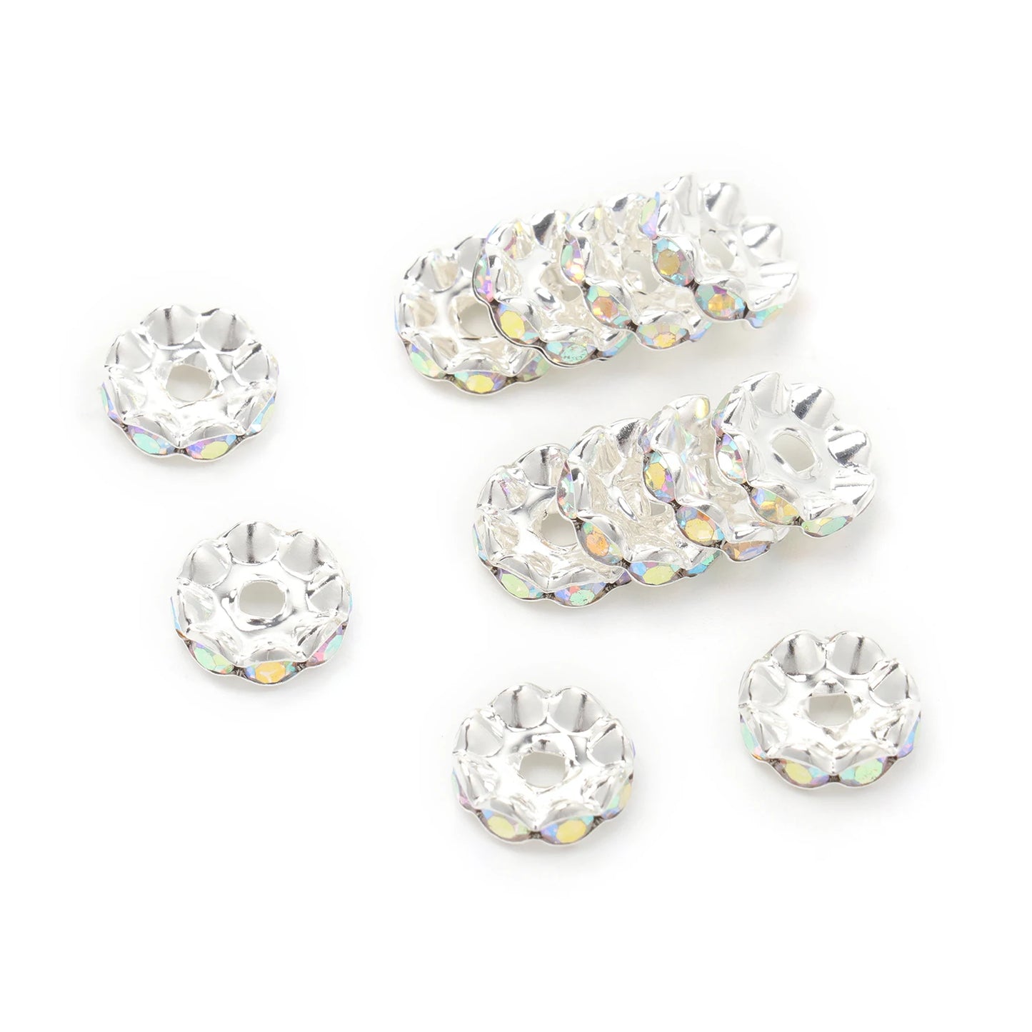 100pcs/Size 12/15mm Wave Side Rhinestone Spacer Beads Colorful Crystal Metal Rondelle for Jewelry Making Diy Crafts Accessories