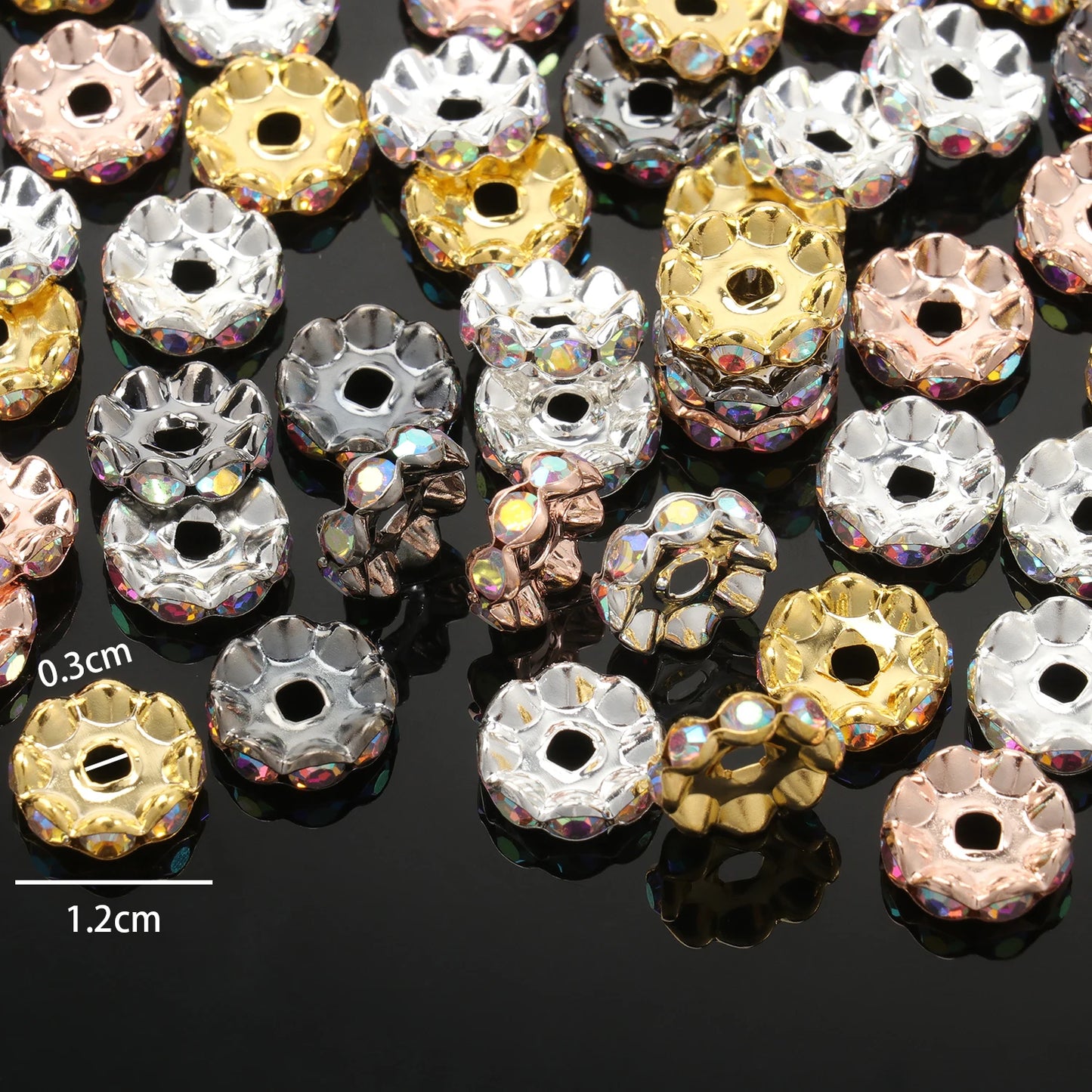 100pcs/Size 12/15mm Wave Side Rhinestone Spacer Beads Colorful Crystal Metal Rondelle for Jewelry Making Diy Crafts Accessories