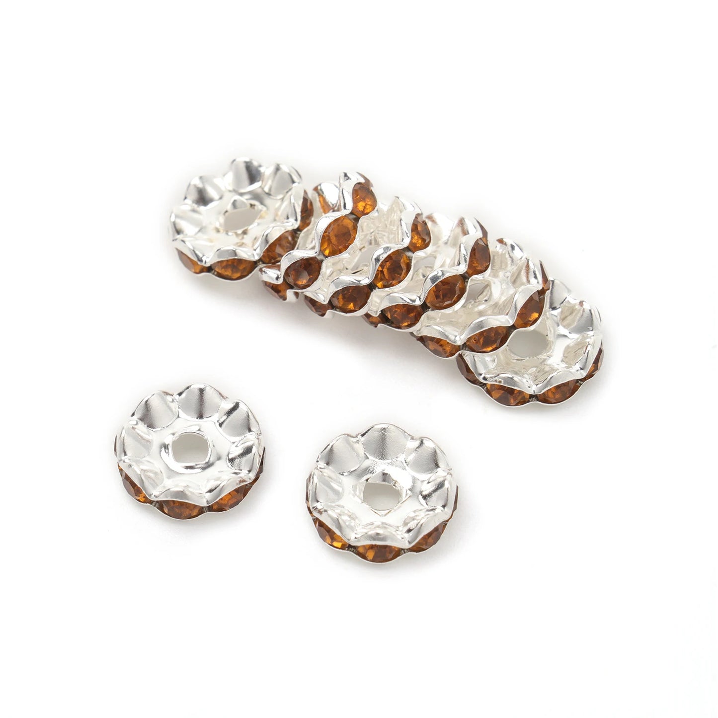 100pcs/Size 12/15mm Wave Side Rhinestone Spacer Beads Colorful Crystal Metal Rondelle for Jewelry Making Diy Crafts Accessories