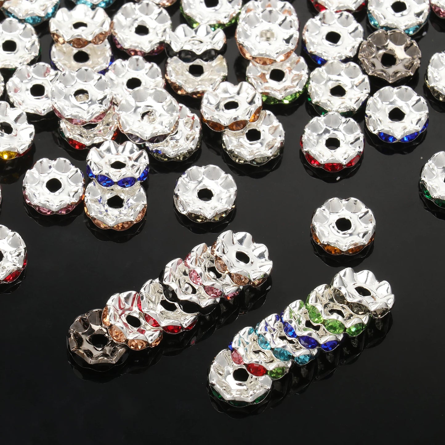 100pcs/Size 12/15mm Wave Side Rhinestone Spacer Beads Colorful Crystal Metal Rondelle for Jewelry Making Diy Crafts Accessories