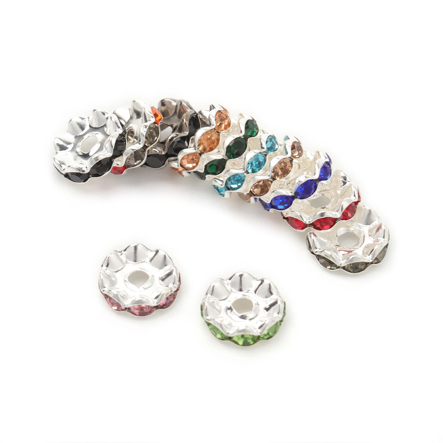 100pcs/Size 12/15mm Wave Side Rhinestone Spacer Beads Colorful Crystal Metal Rondelle for Jewelry Making Diy Crafts Accessories