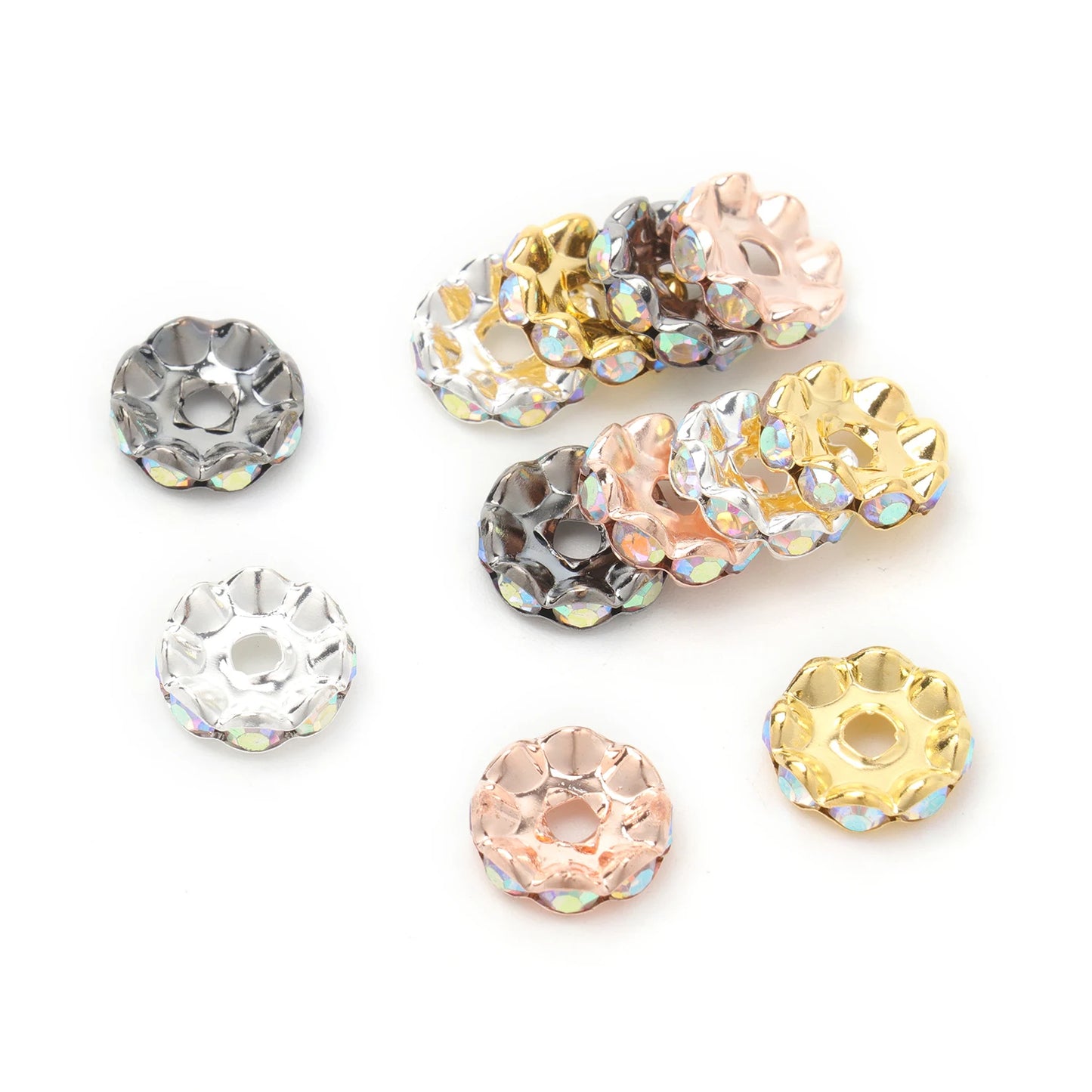100pcs/Size 12/15mm Wave Side Rhinestone Spacer Beads Colorful Crystal Metal Rondelle for Jewelry Making Diy Crafts Accessories