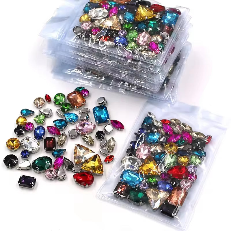 Fashion 50pcs Mix Shapes Sew On Rhinestone With Silver Bottom Crystal for DIY Clothing Jewelry Ornament