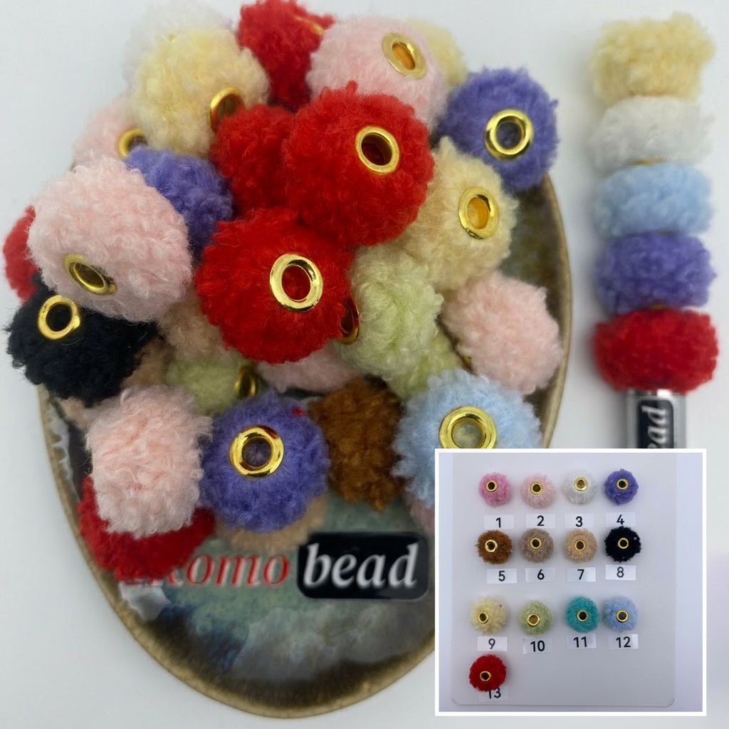 Composite image for curly pompom round beads