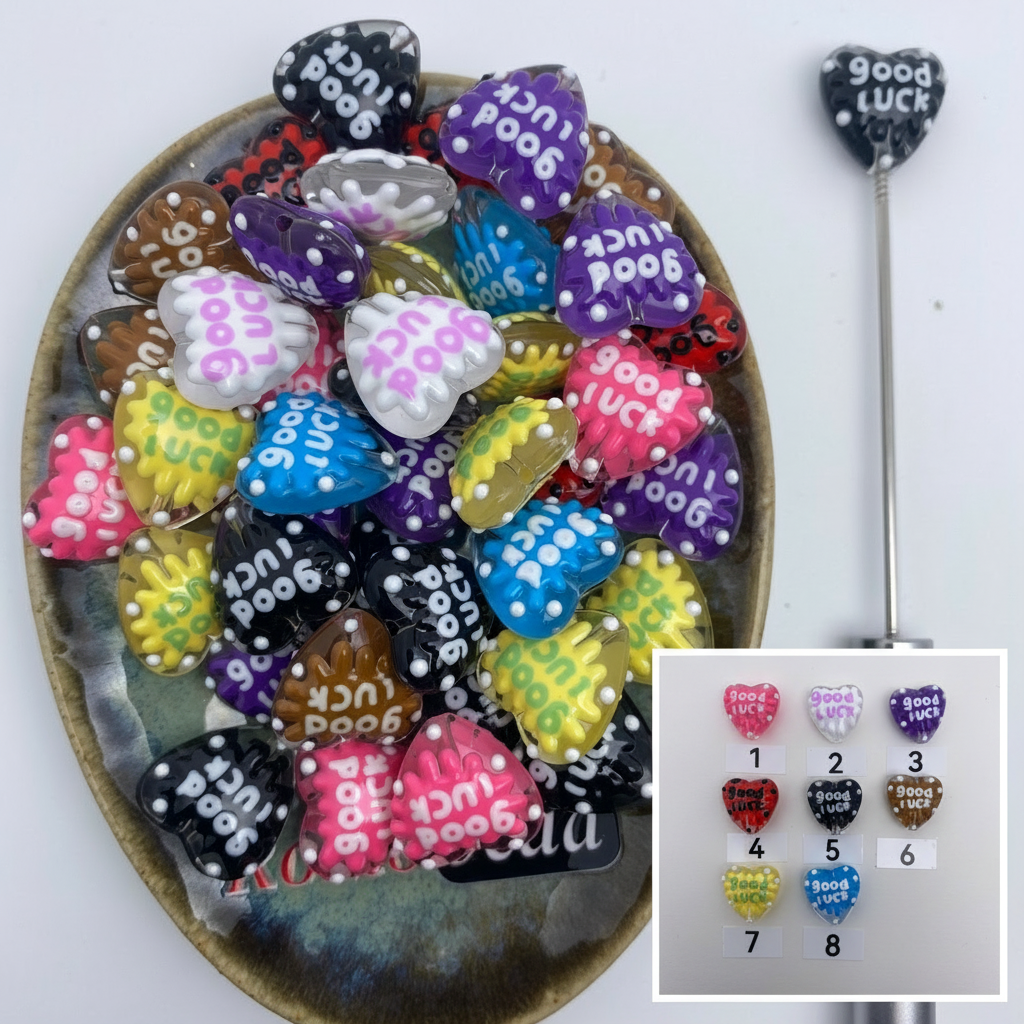 Composite image for good luck heart hand made print beads