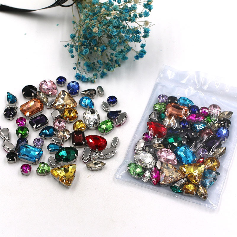 Fashion 50pcs Mix Shapes Sew On Rhinestone With Silver Bottom Crystal for DIY Clothing Jewelry Ornament