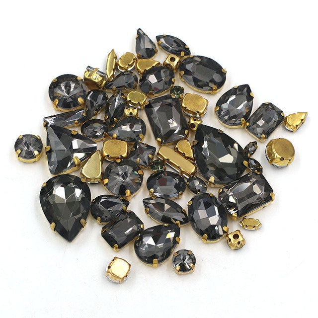 Ready Stock Sew On Crystal Rhinestones 50pcs Mix Shapes Gold Claw Set for DIY Clothing Accessories Decoration