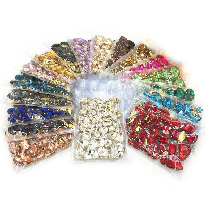 Ready Stock Sew On Crystal Rhinestones 50pcs Mix Shapes Gold Claw Set for DIY Clothing Accessories Decoration