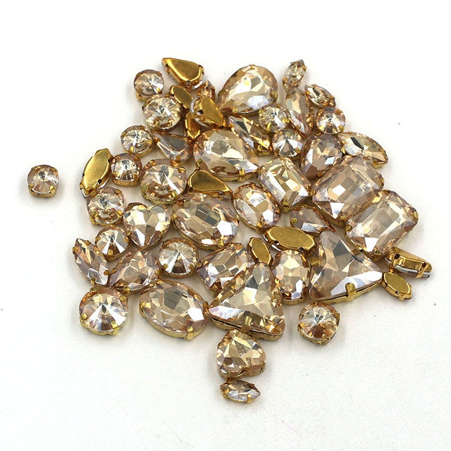 Ready Stock Sew On Crystal Rhinestones 50pcs Mix Shapes Gold Claw Set for DIY Clothing Accessories Decoration